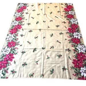 Christmas Tablecloth golden with red poinsettias border print buffet sized cloth